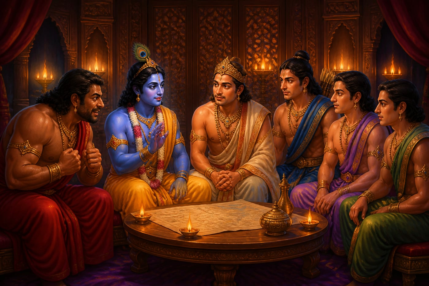 Krishna counseling the Pandavas on the Rajasuya