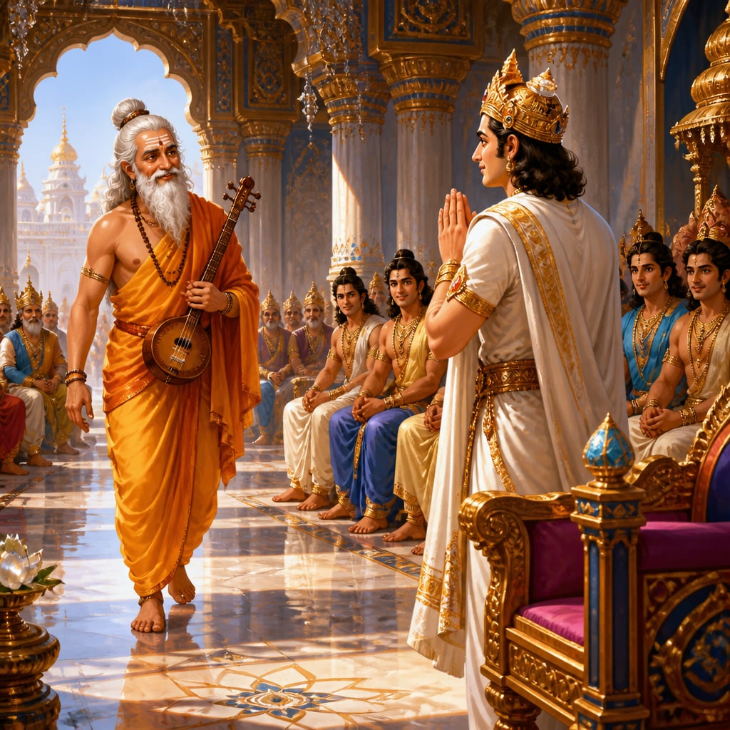 The sage Narada with veena walks into Yudhishthira's jewel-pillared court at the Maya Sabha as the king rises from his throne to greet him.