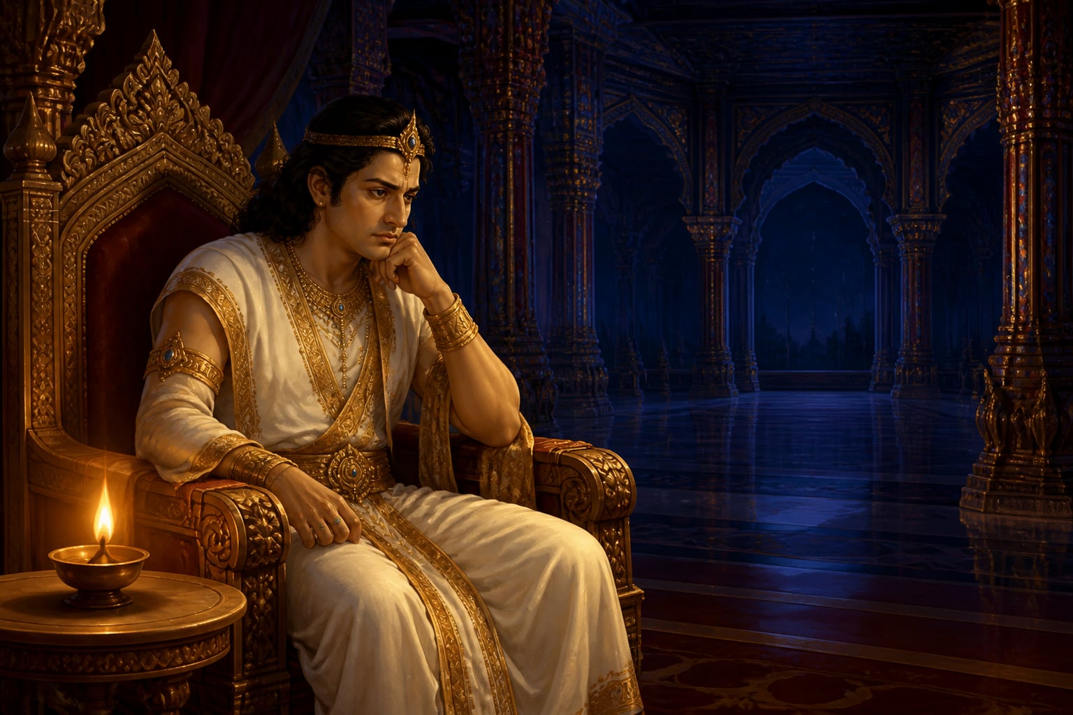Yudhishthira alone at night weighing the Rajasuya