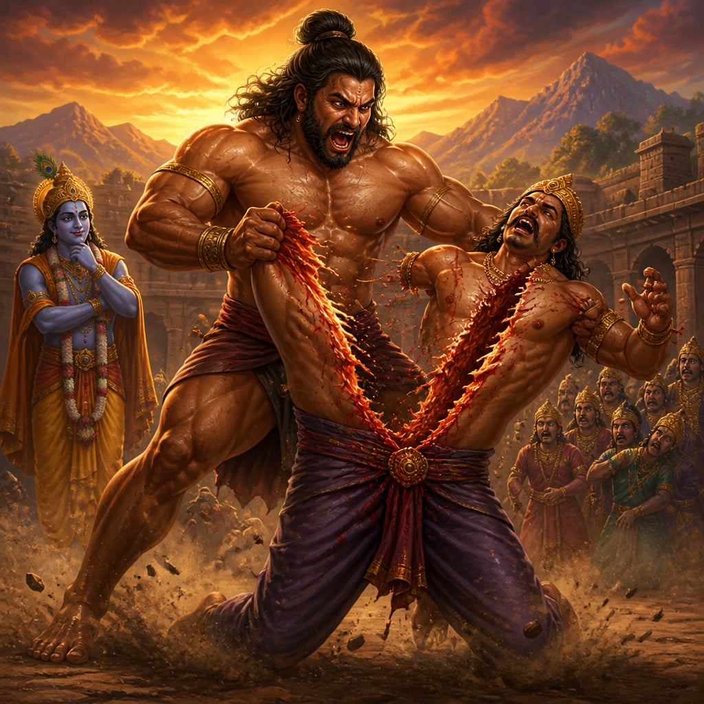 Bhima tears the tyrant Jarasandha in two at the Girivraja wrestling arena as Krishna watches calmly from the edge.