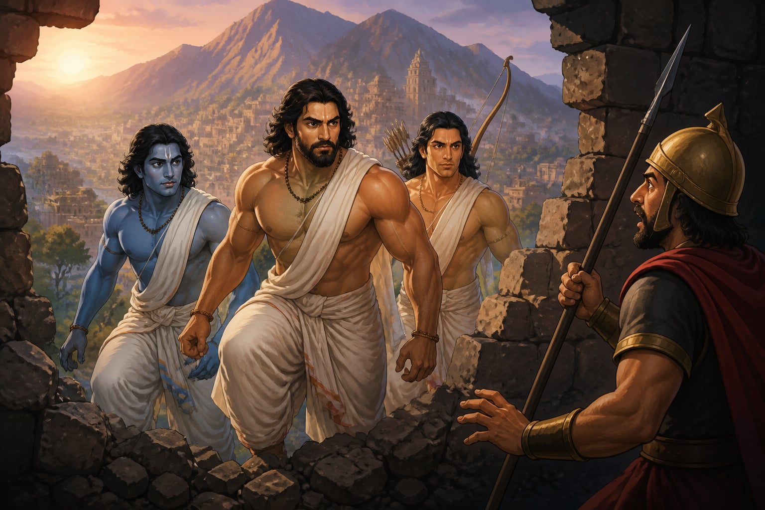 Three disguised brahmins breaching Jarasandha's wall