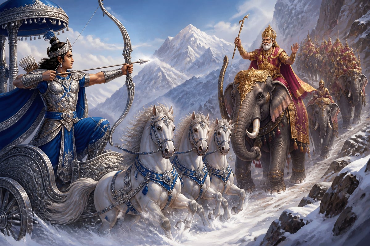 Arjuna receiving Bhagadatta's surrender in the Himalayas