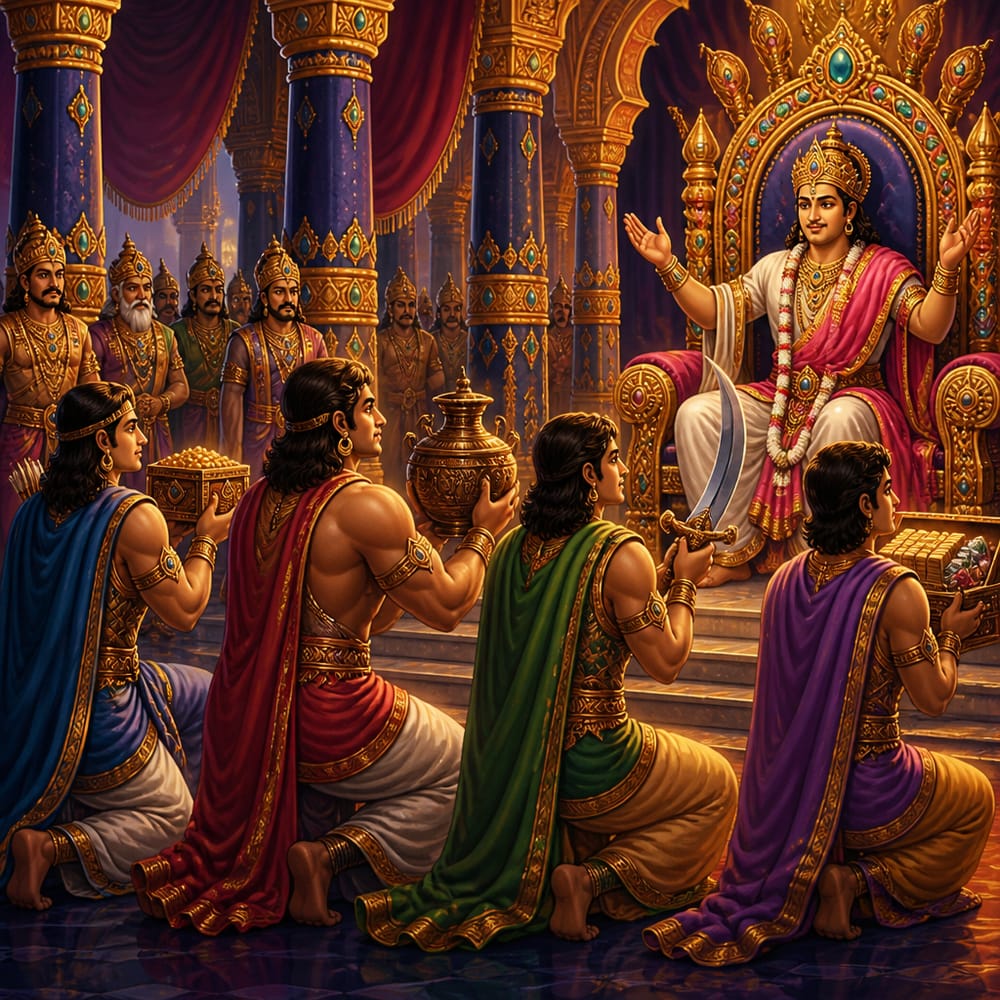 The four younger Pandava brothers kneel before Yudhishthira in the Maya Sabha, each presenting symbolic tribute from the four directions of their conquest.