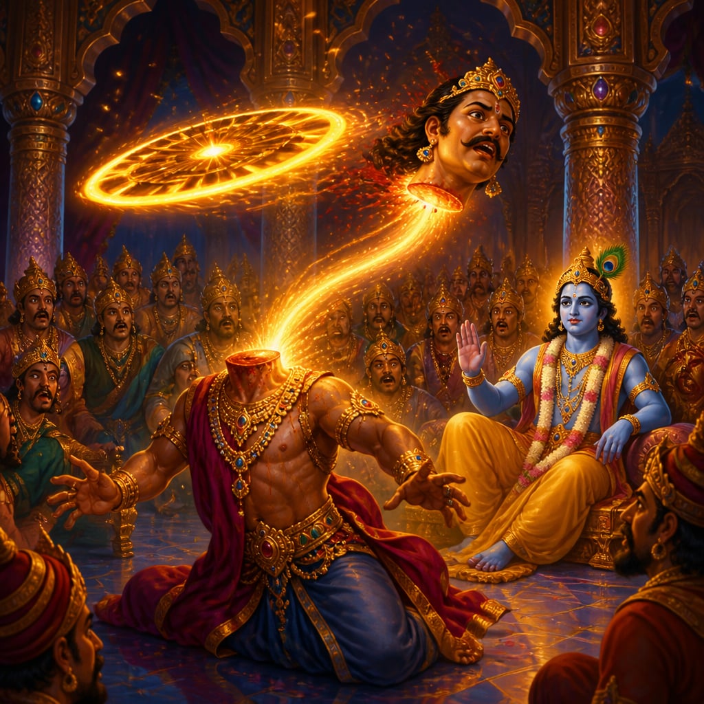 Krishna's spinning Sudarshana Chakra severs Shishupala's head in the Rajasuya assembly as a brilliant light rises from the fallen body and merges into Krishna.