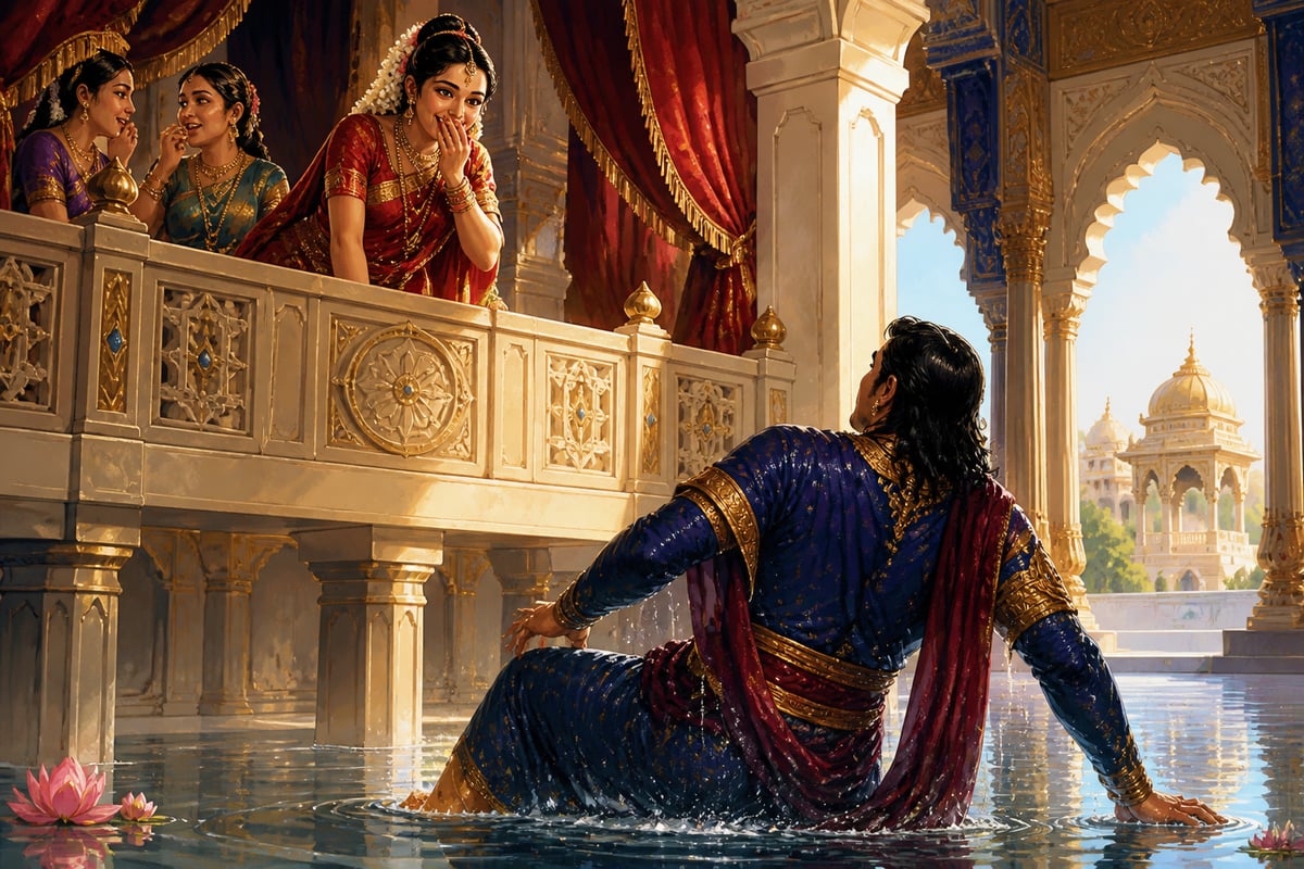 Draupadi laughing from the Maya Sabha balcony