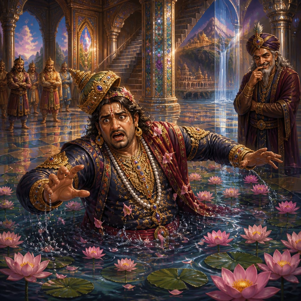Duryodhana, his royal silks soaked and lotus petals clinging to him, flounders waist-deep in a hidden pool inside the Maya Sabha after mistaking it for a crystal floor.