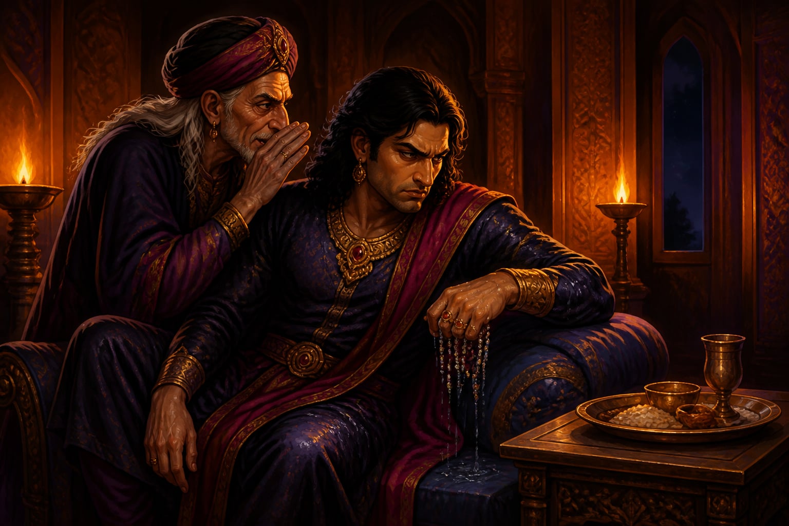 Shakuni whispering plots to Duryodhana in Hastinapura