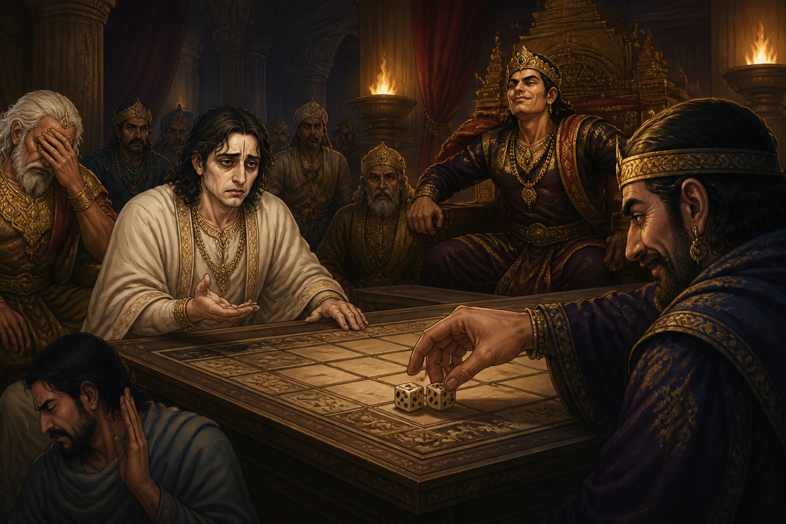 Yudhishthira speaking the wager of Draupadi