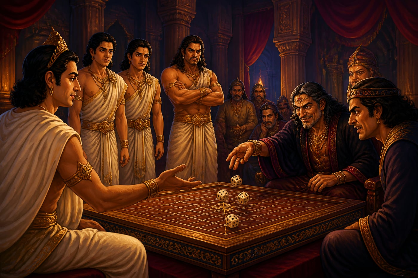 Yudhishthira staking his brothers at the dice board