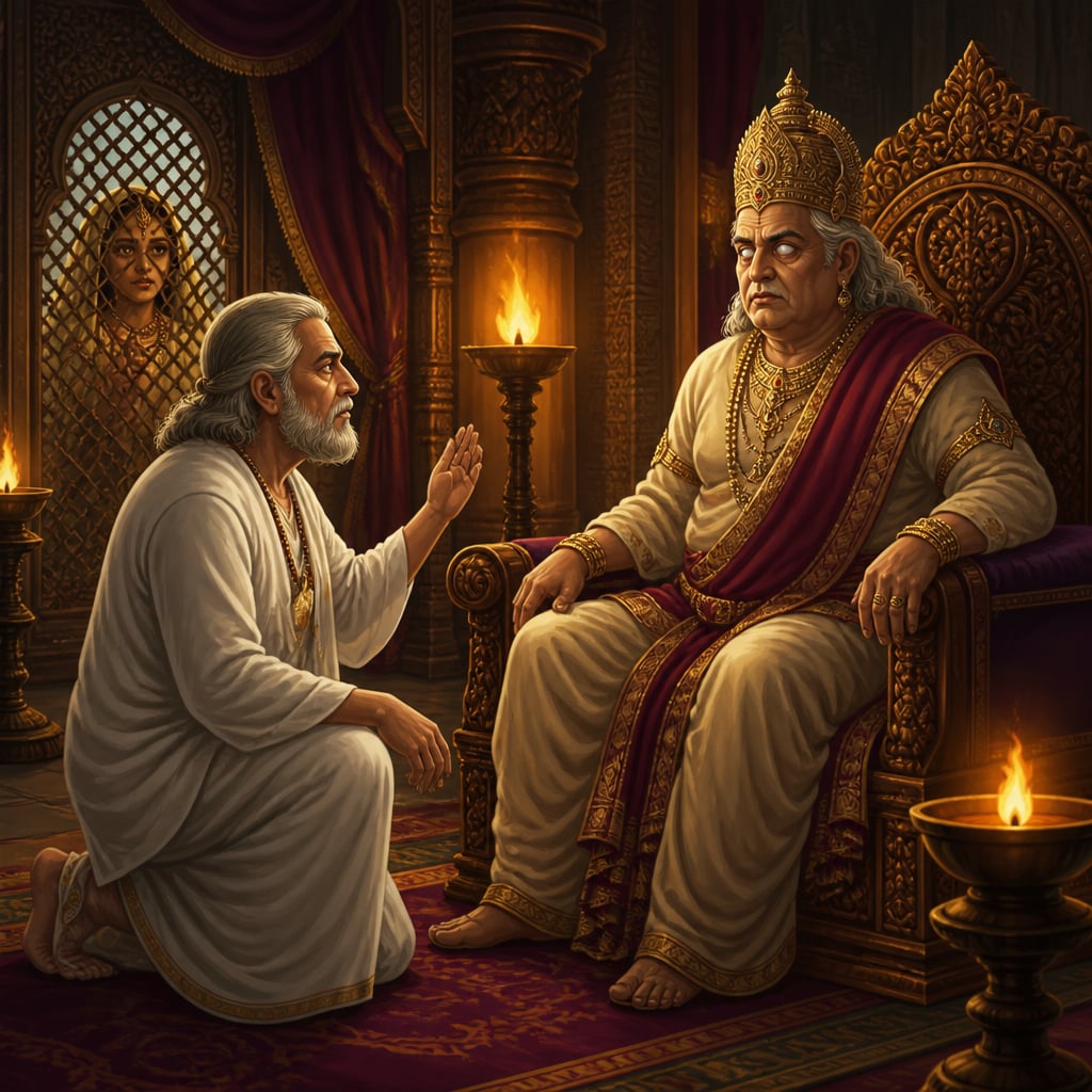 Vidura kneels before the blind king Dhritarashtra in a torchlit Hastinapura chamber, hand raised in earnest warning against the planned dice game.