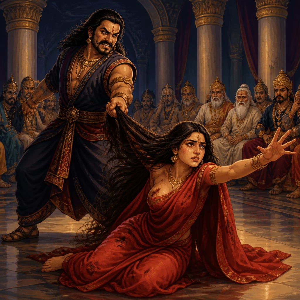 Dushasana drags Draupadi by her long unbound hair across the polished floor of the Hastinapura assembly hall while courtiers sit frozen.
