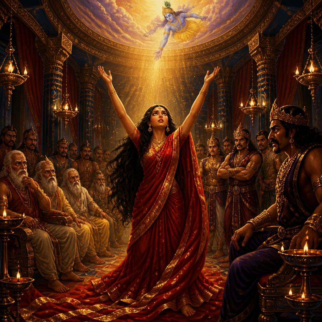 Draupadi at the center of the Hastinapura assembly raises both arms skyward in complete surrender and calls out to Krishna.