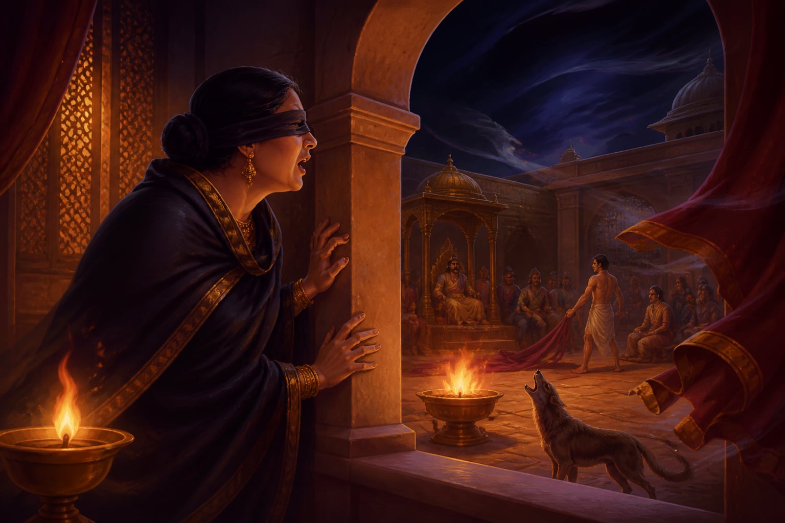 Gandhari hearing the omens from the women's quarters