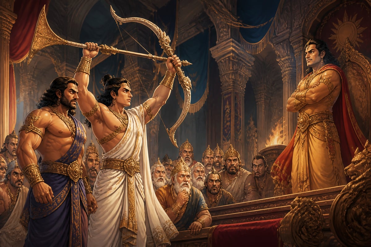 Arjuna lifting Gandiva to vow Karna's death