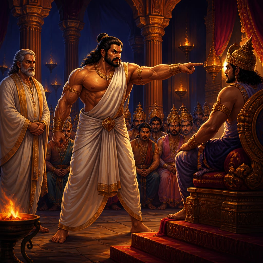 Bhima rises to his feet at the center of the Hastinapura assembly, finger thundering toward Duryodhana as he begins his great vow.