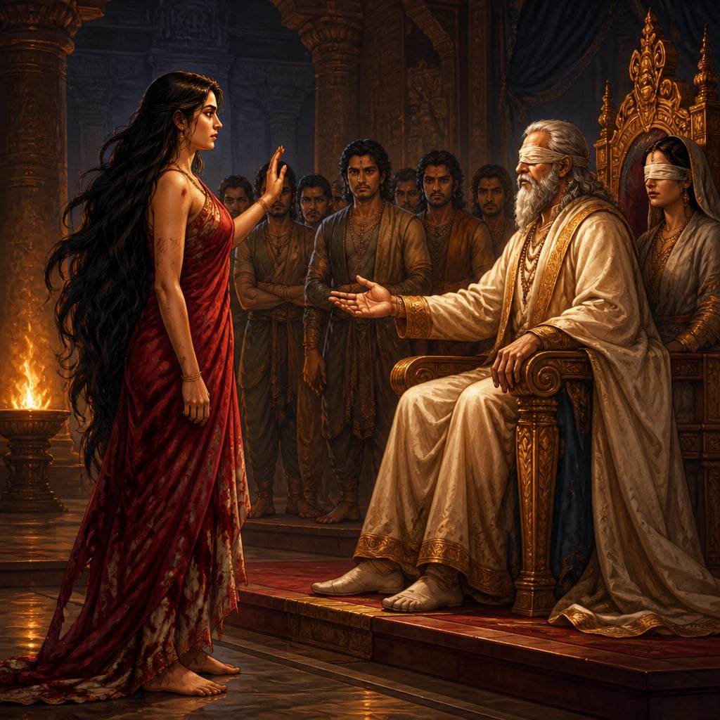 Draupadi stands tall before the blind king Dhritarashtra and asks only for the freedom of her husband as her first boon.