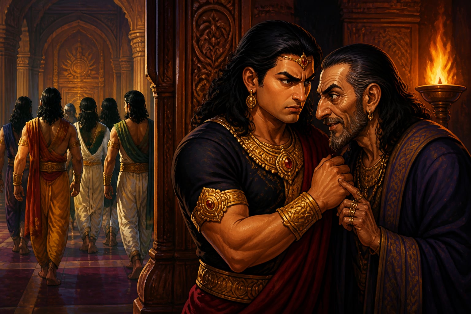 Shakuni whispering the second dice game to Duryodhana