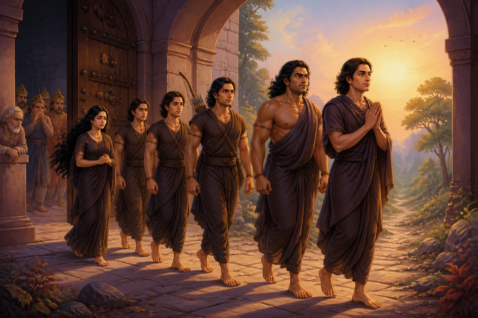 The Pandavas walking barefoot into exile