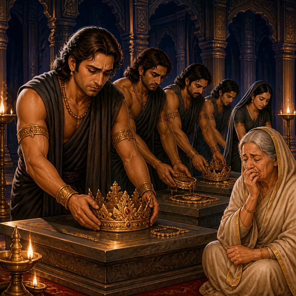 Yudhishthira lowers his jeweled crown onto a stone platform as his brothers and Draupadi shed their ornaments and don the bark cloth of exile.