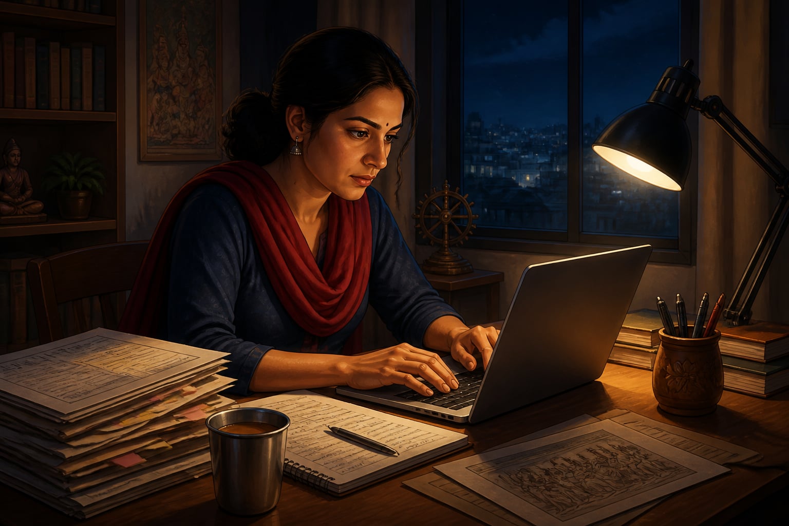 An investigative journalist working through the night