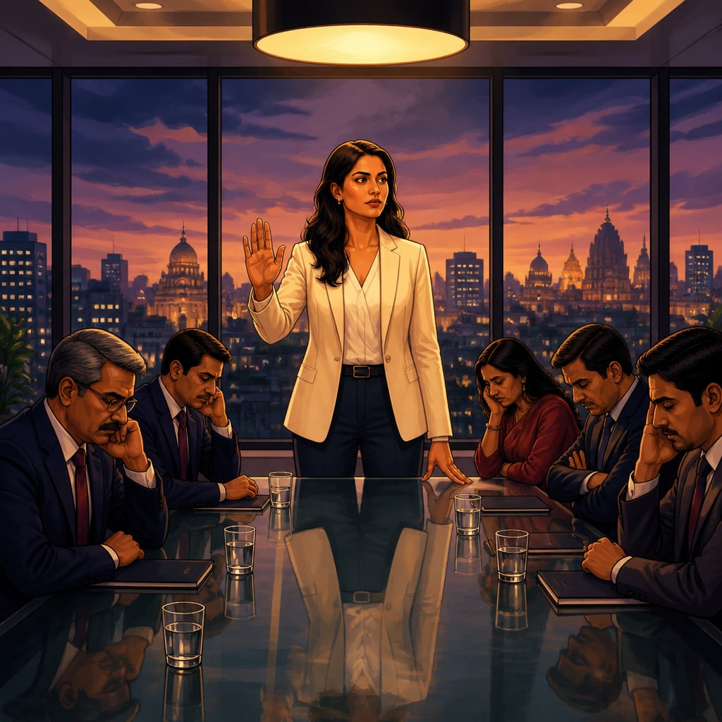 A modern Indian woman professional stands at the head of a corporate boardroom table, hand raised in firm clear speech, while suited colleagues sit in awkward silence.