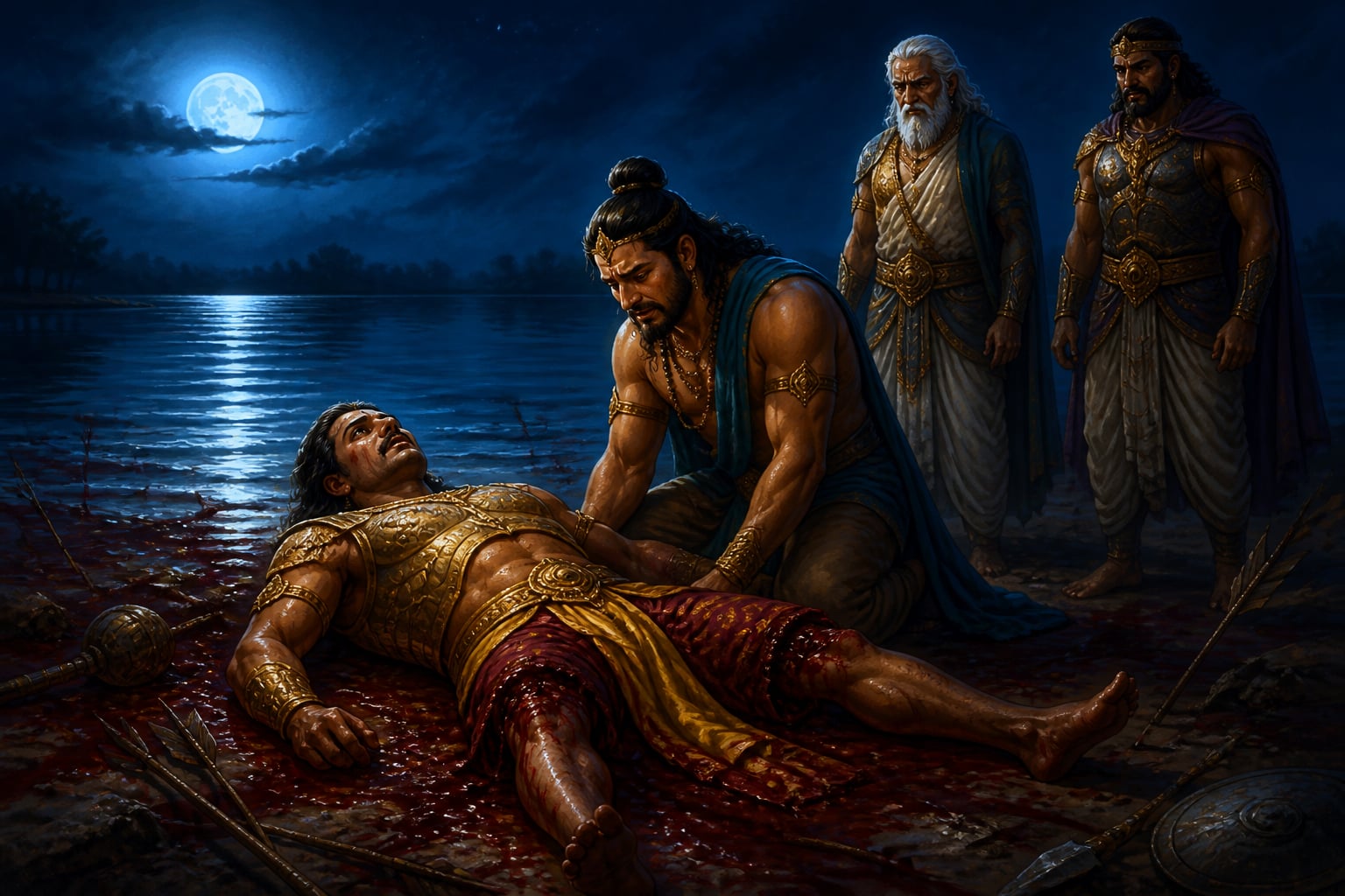 The three survivors at dying Duryodhana's lakeside