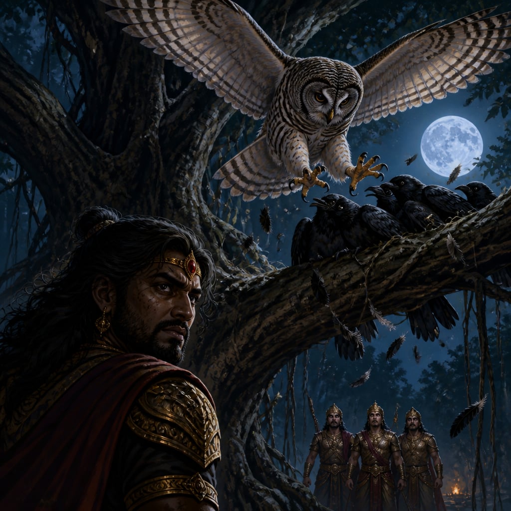 An owl strikes a colony of sleeping crows in a moonlit banyan tree at midnight.