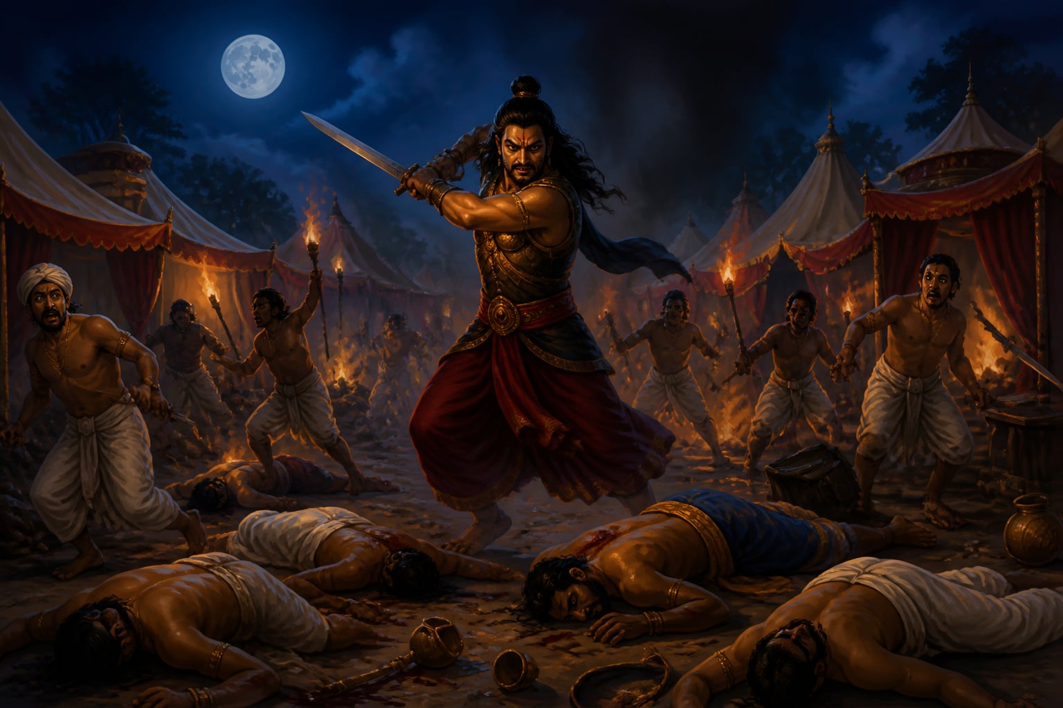 Ashwatthama spreading the slaughter through the panicked camp