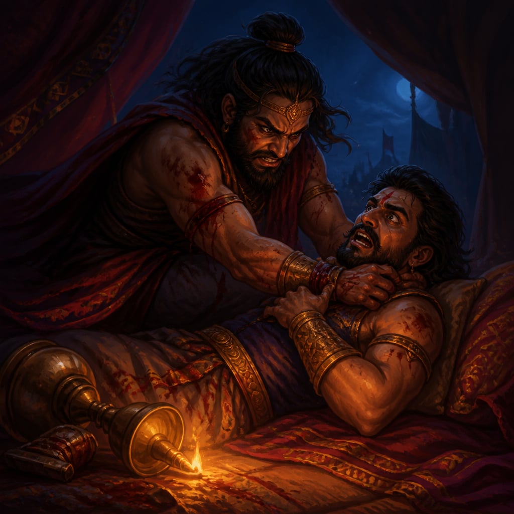 Ashwatthama strangles Dhrishtadyumna in his tent by midnight lamplight.