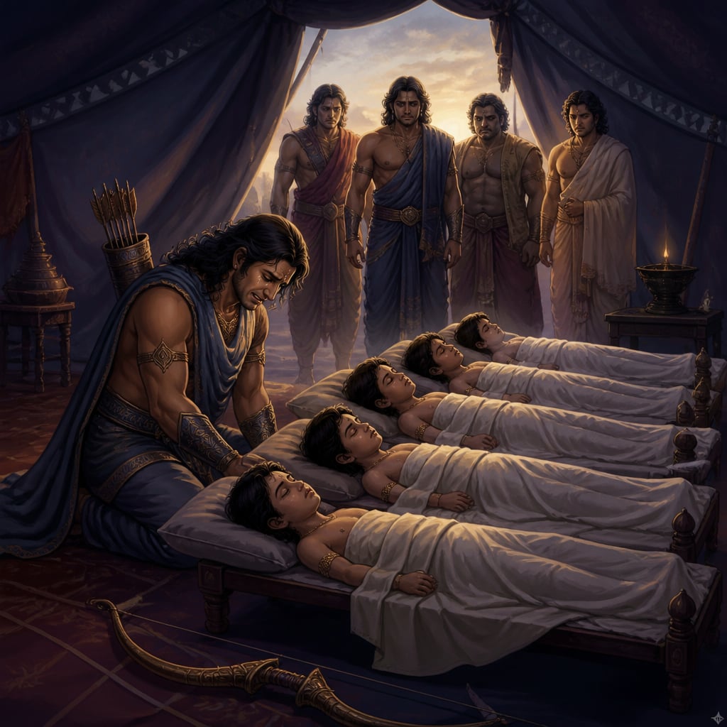 Arjuna falls to his knees in grief beside the bodies of the five Upapandavas at dawn.