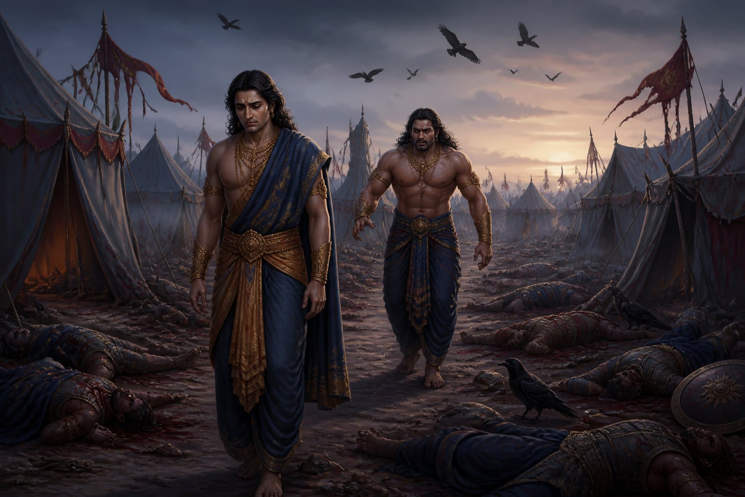 Yudhishthira and Bhima walking into the silent dawn camp