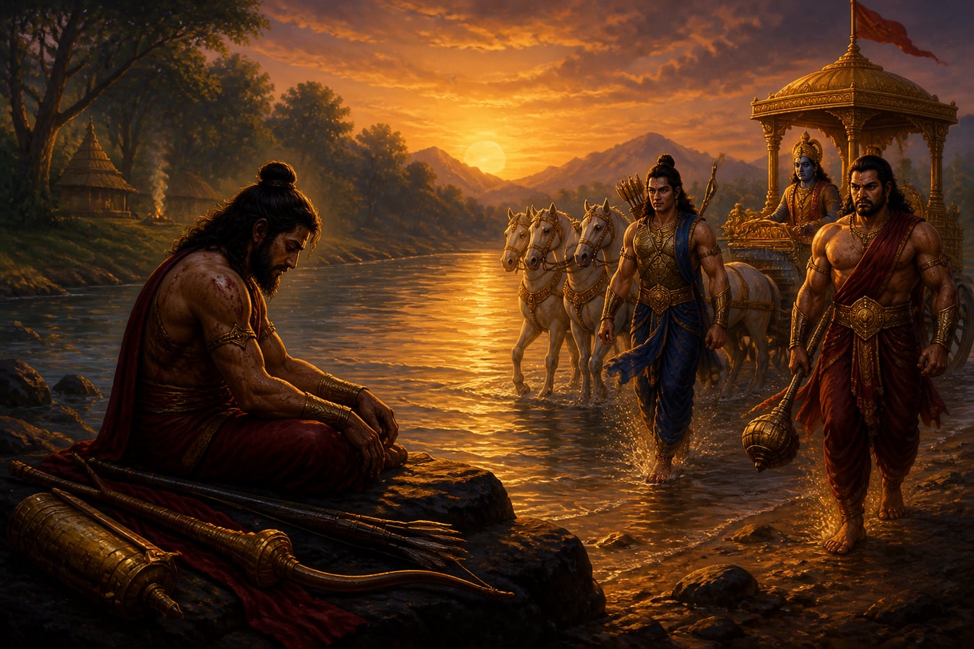 The Pandavas finding Ashwatthama at the Bhagirathi
