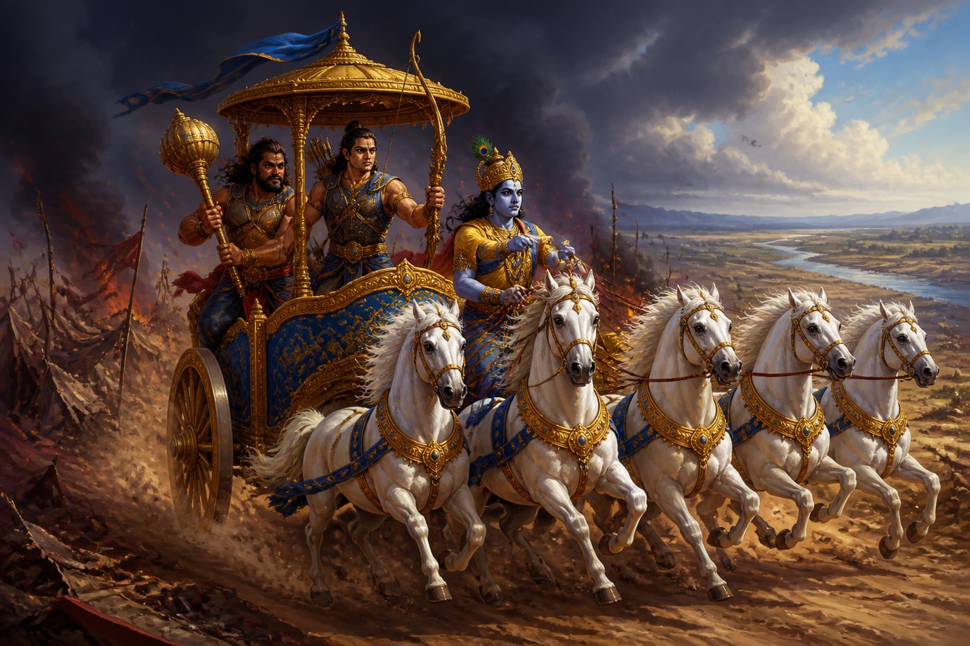 Krishna's chariot surging from the ruined camp toward the river