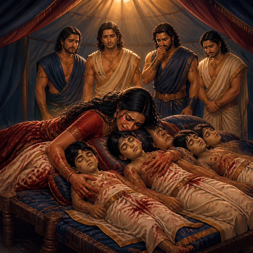 Draupadi collapses across the cots of her five slain sons, gathering them in her arms.