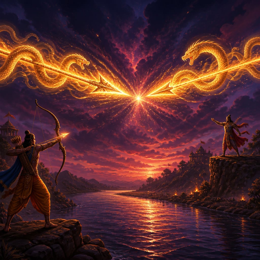 Two Brahmastra arrows blaze toward each other across the sky above the Bhagirathi at twilight.