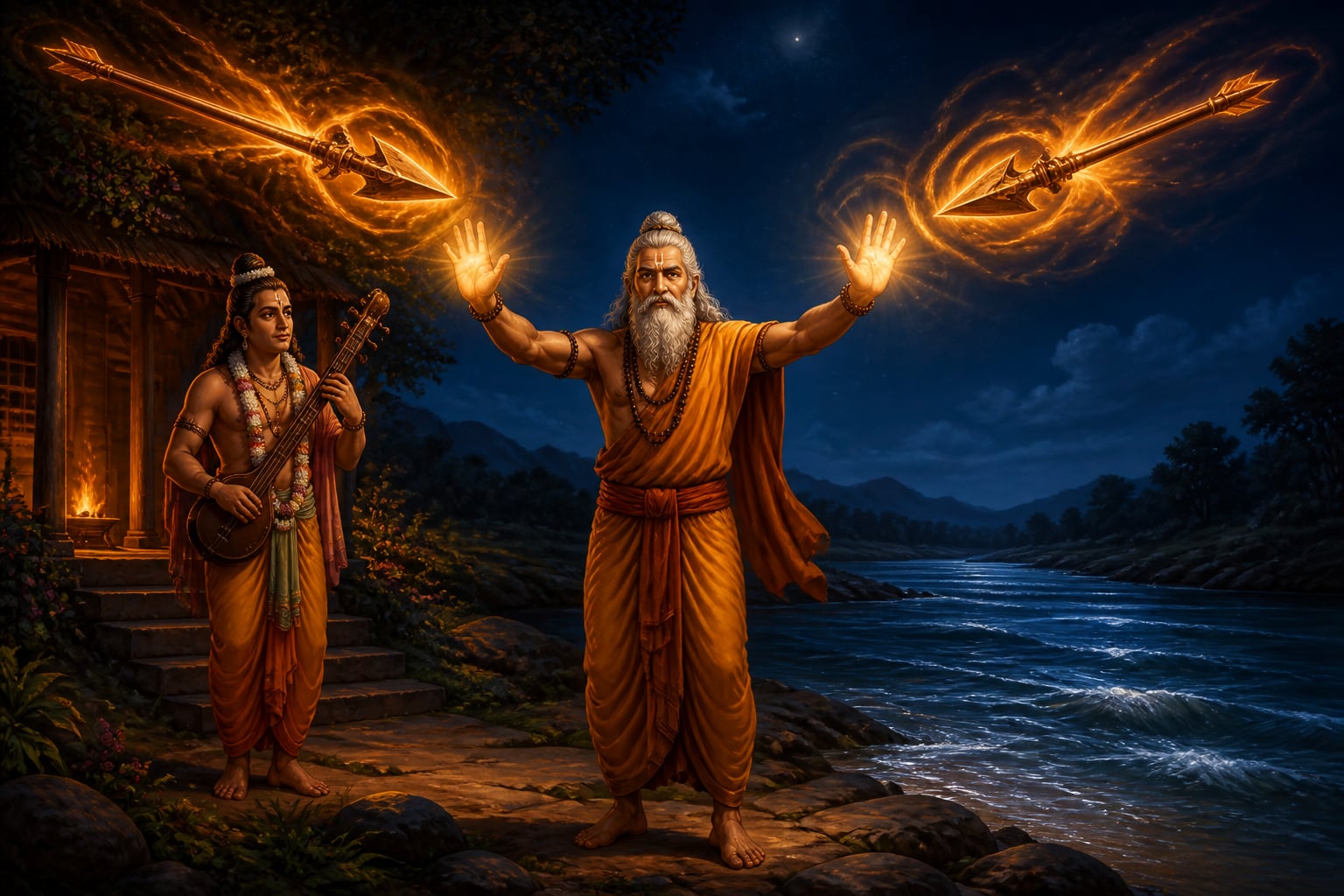 Sage Vyasa stopping the two Brahmastras in mid-air