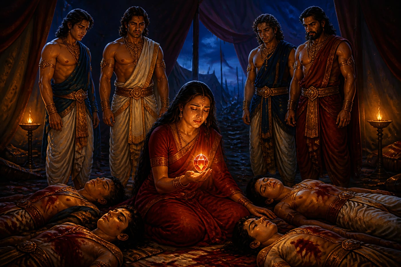 Draupadi receiving the empty gem in the ruined camp