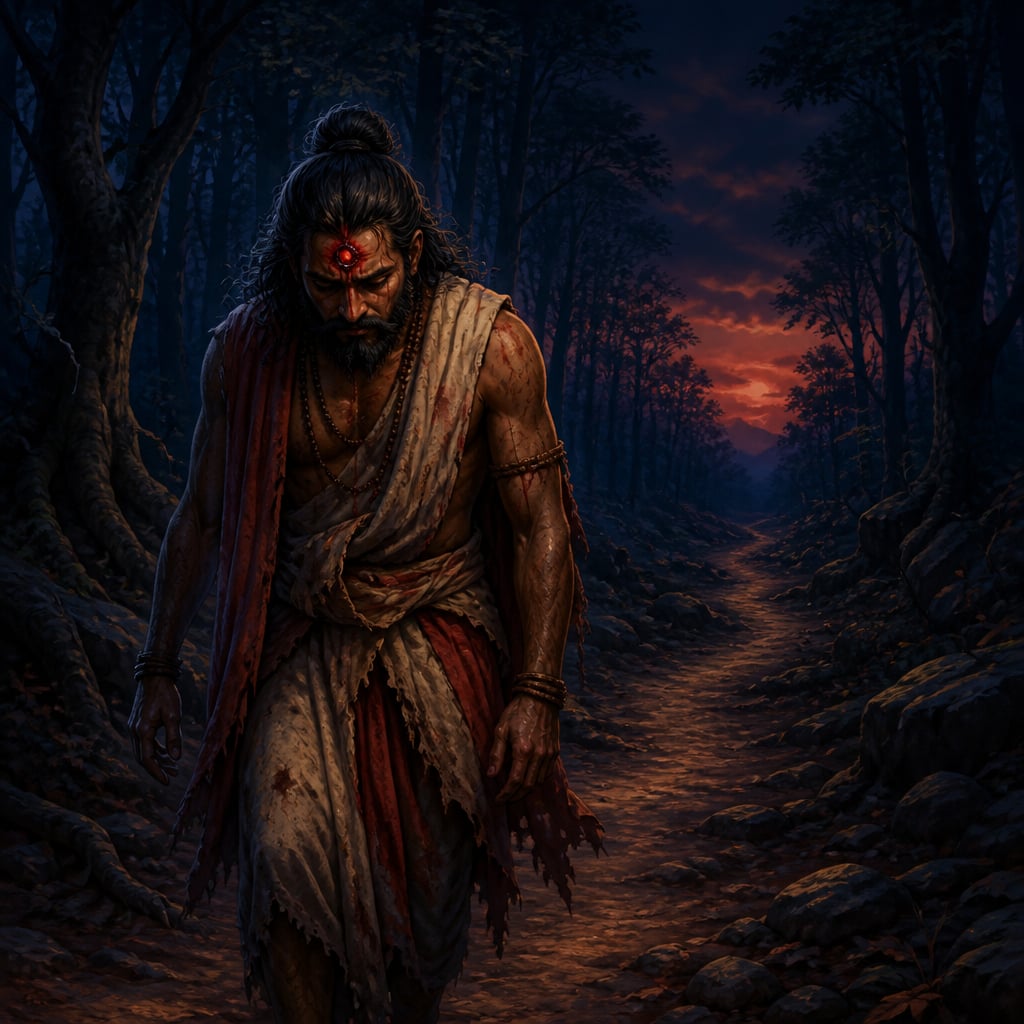 Ashwatthama wanders alone down a forest path at dusk, the bleeding wound on his forehead open and weeping.