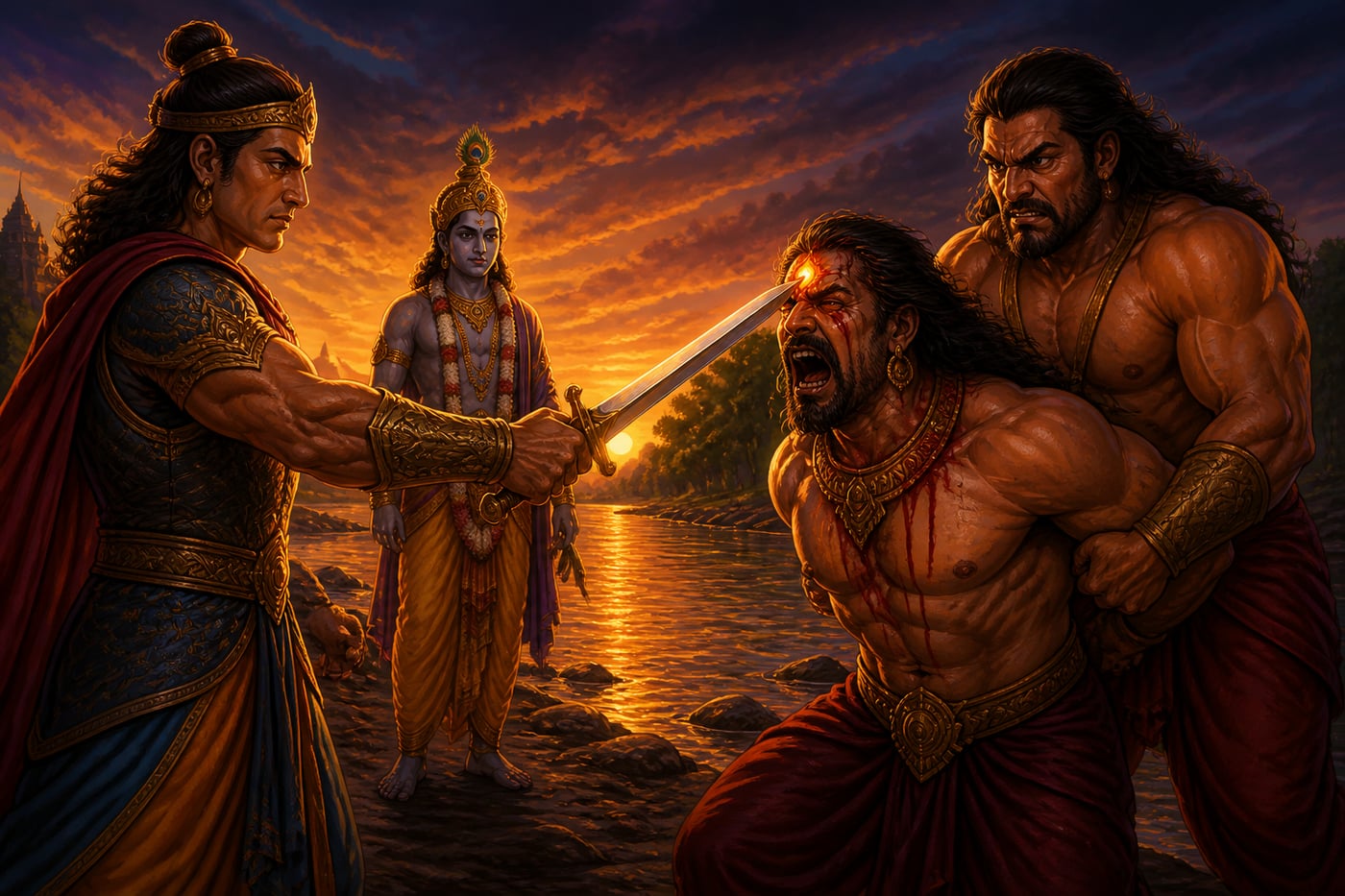Arjuna extracting the divine mani from Ashwatthama's forehead