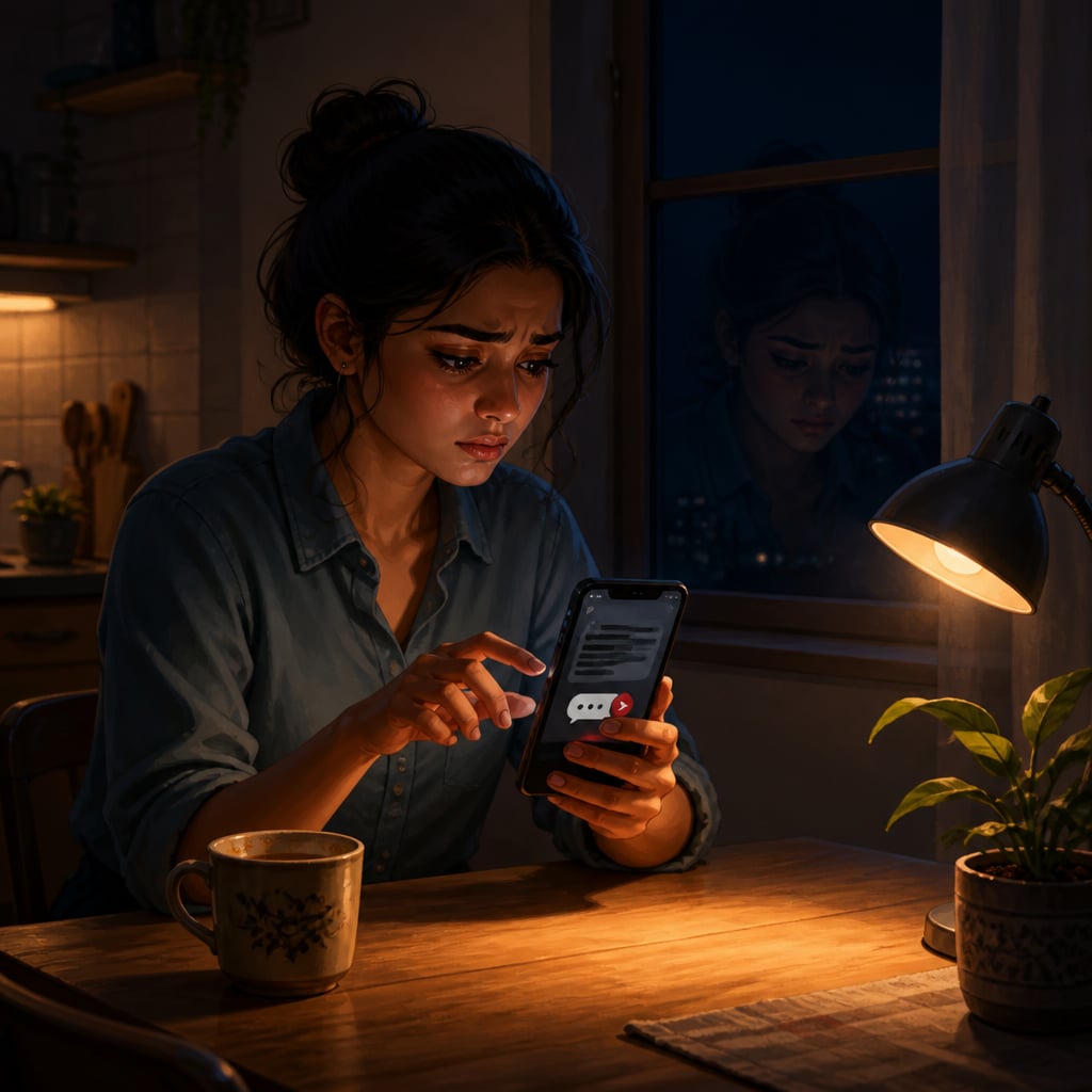 A young woman sits alone at a kitchen table at night, finger hovering above the send button on a destructive message.