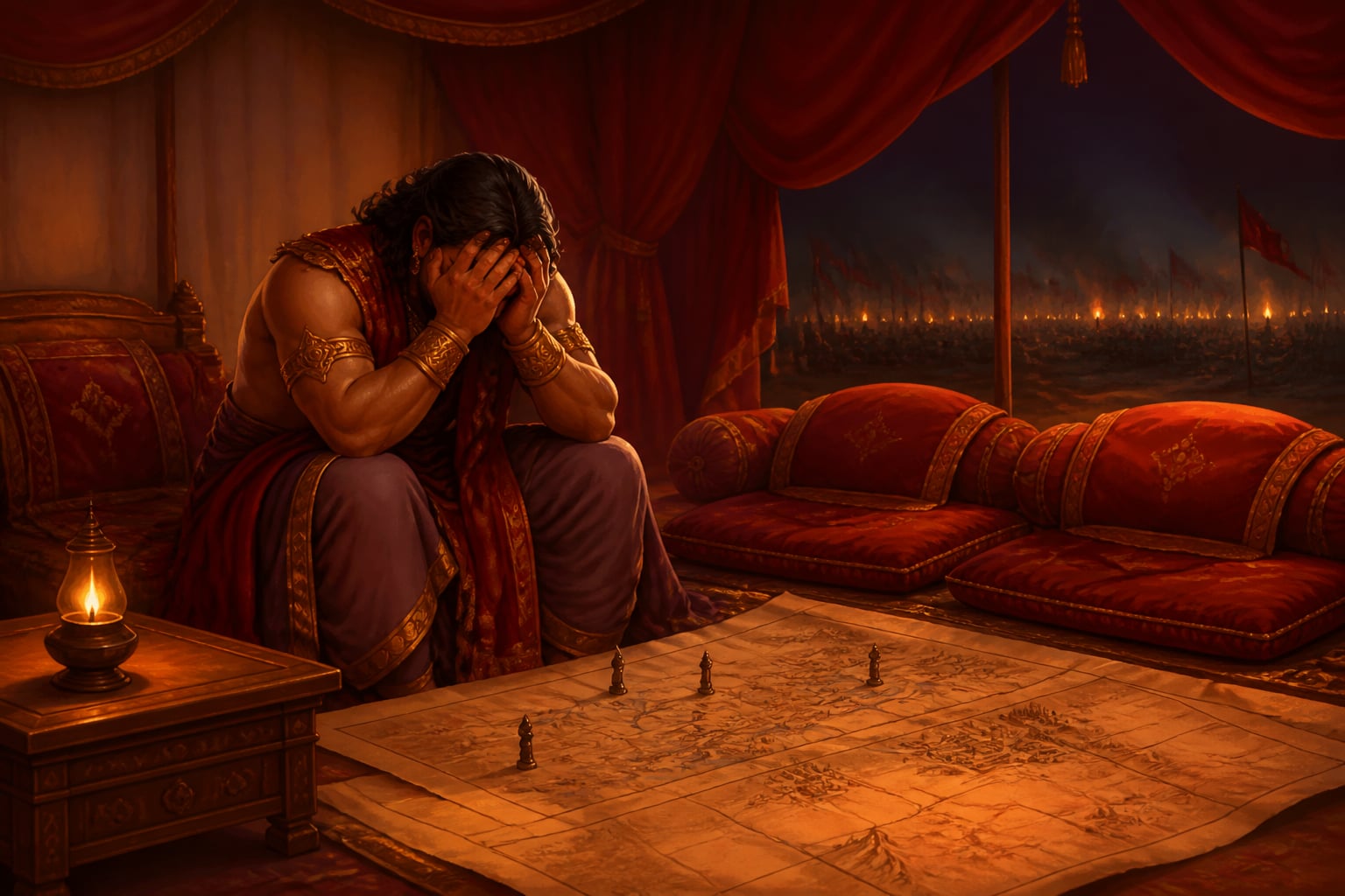 Duryodhana sits alone in his tent on the seventeenth night
