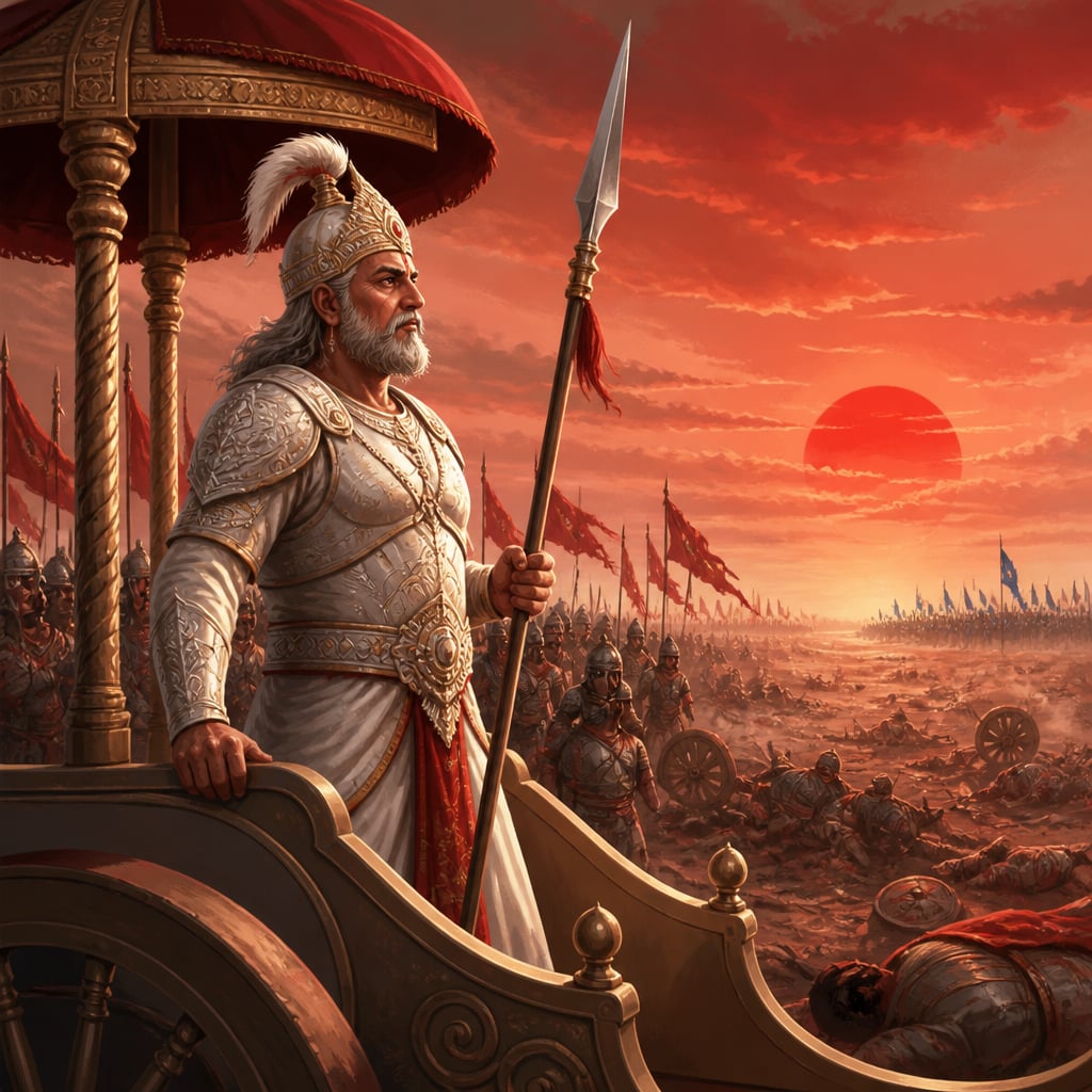 Shalya in white armour and spear in hand stands in his chariot before the depleted Kaurava host as a red sun rises over the cratered Kurukshetra battlefield on the eighteenth dawn.