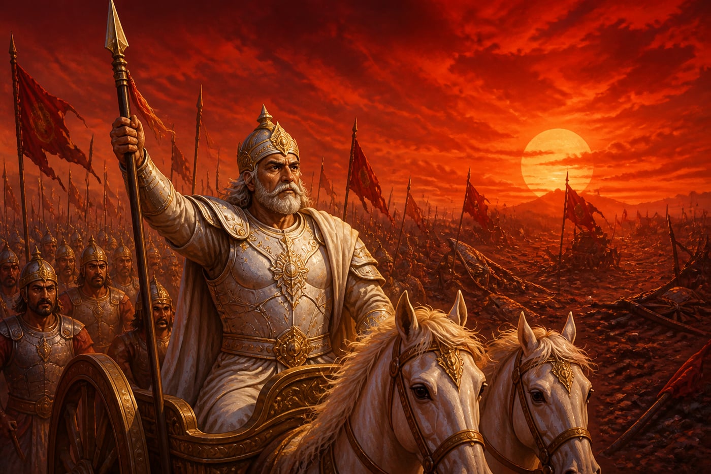 Shalya raises his spear and addresses the surviving Kauravas