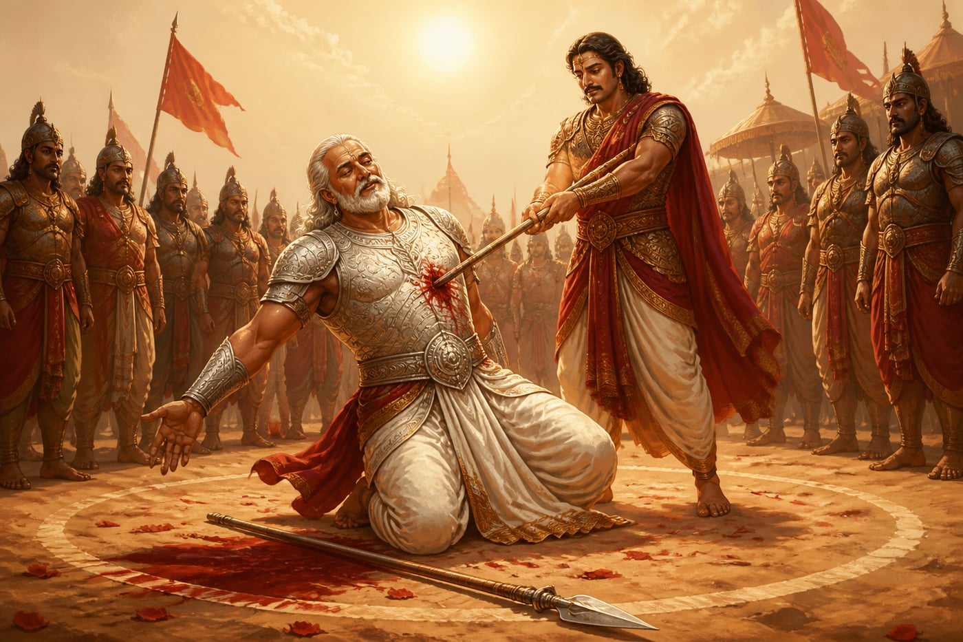 Shalya leans into Yudhishthira's spear