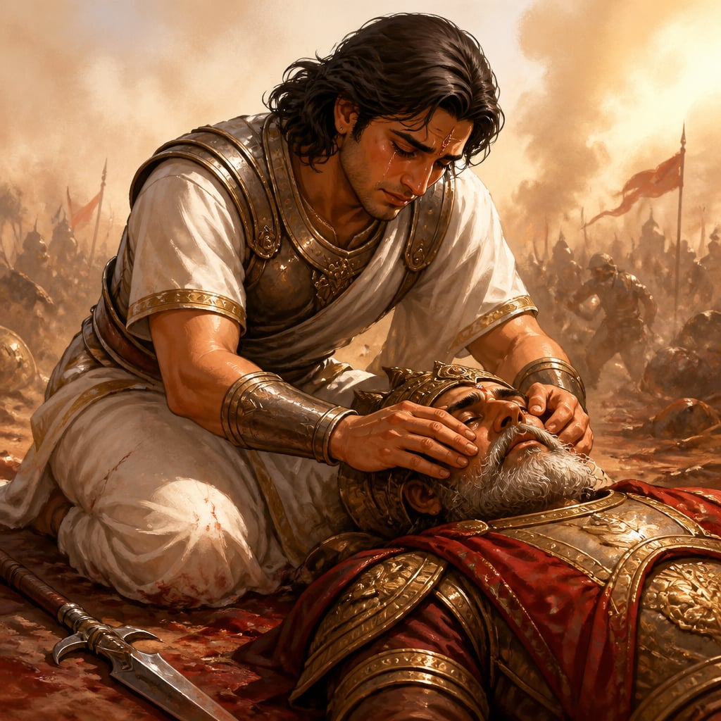 Yudhishthira kneels on the battlefield over the still body of his uncle Shalya at midday, closing the dead king's eyes with tender hands as tears trace down his calm face.
