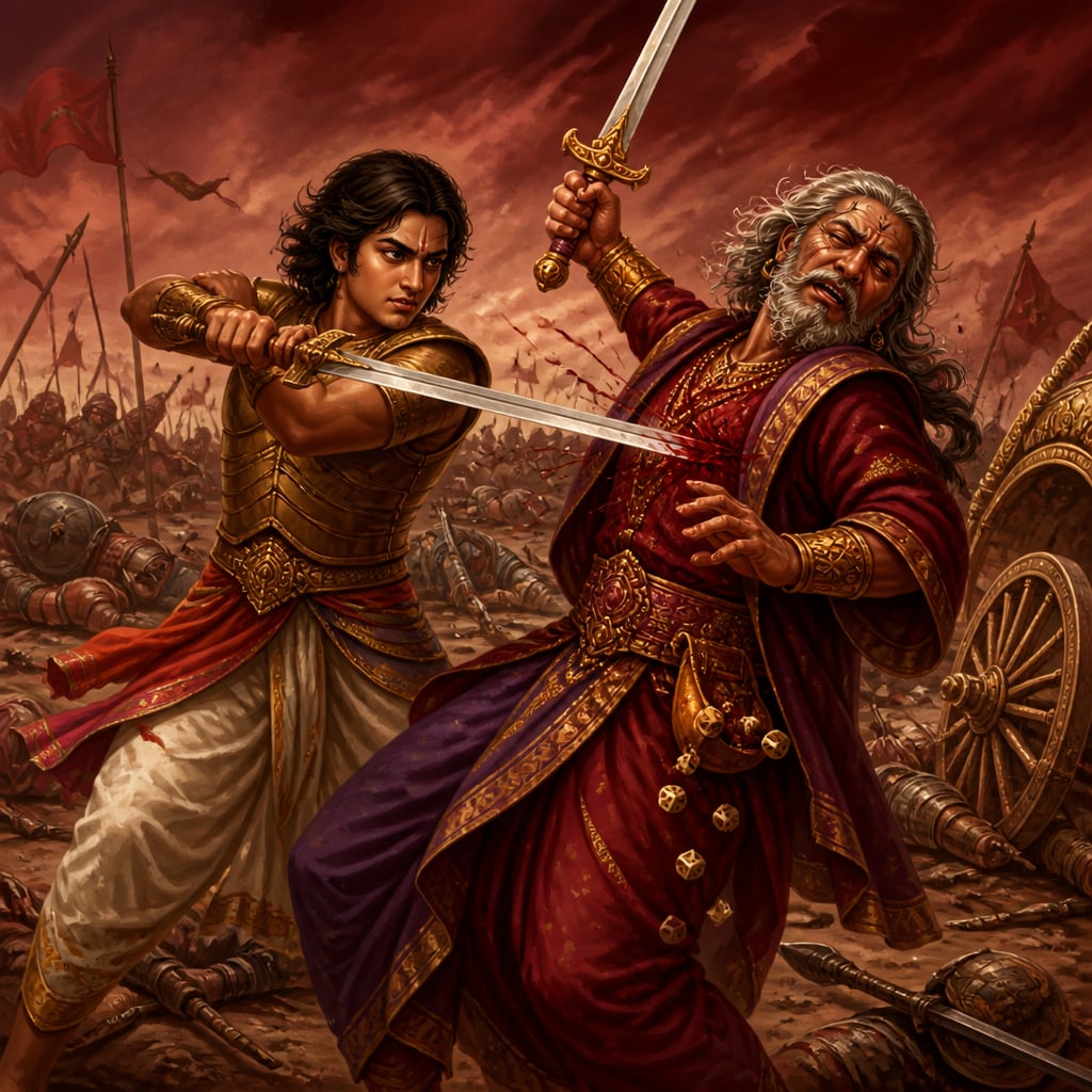 Sahadeva swings his straight sword mid-strike at Shakuni amid a corpse-strewn battlefield, the fallen golden dice pouch at the old gambler's belt as the killing blow lands.