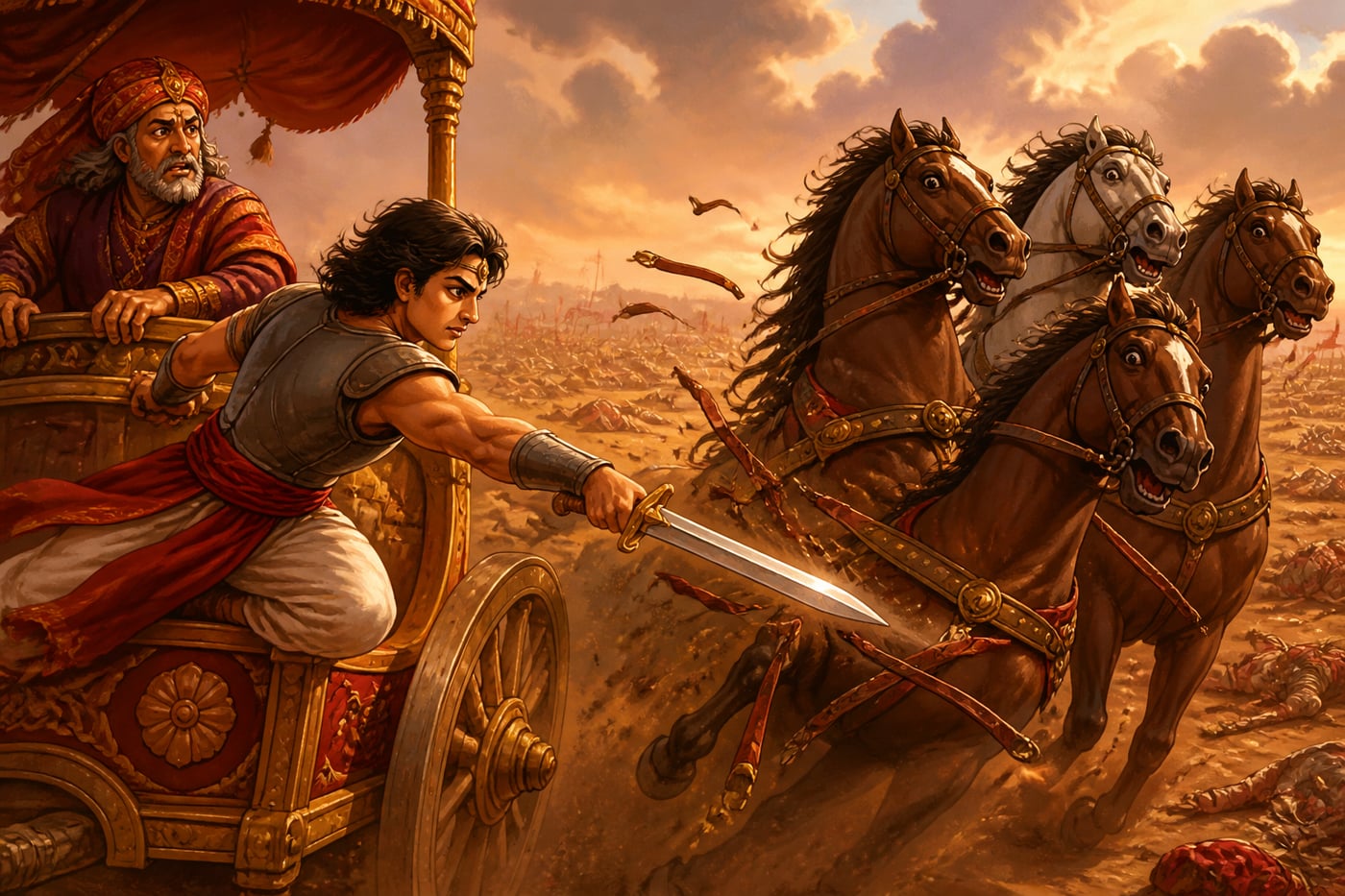Sahadeva cuts the traces of Shakuni's chariot horses