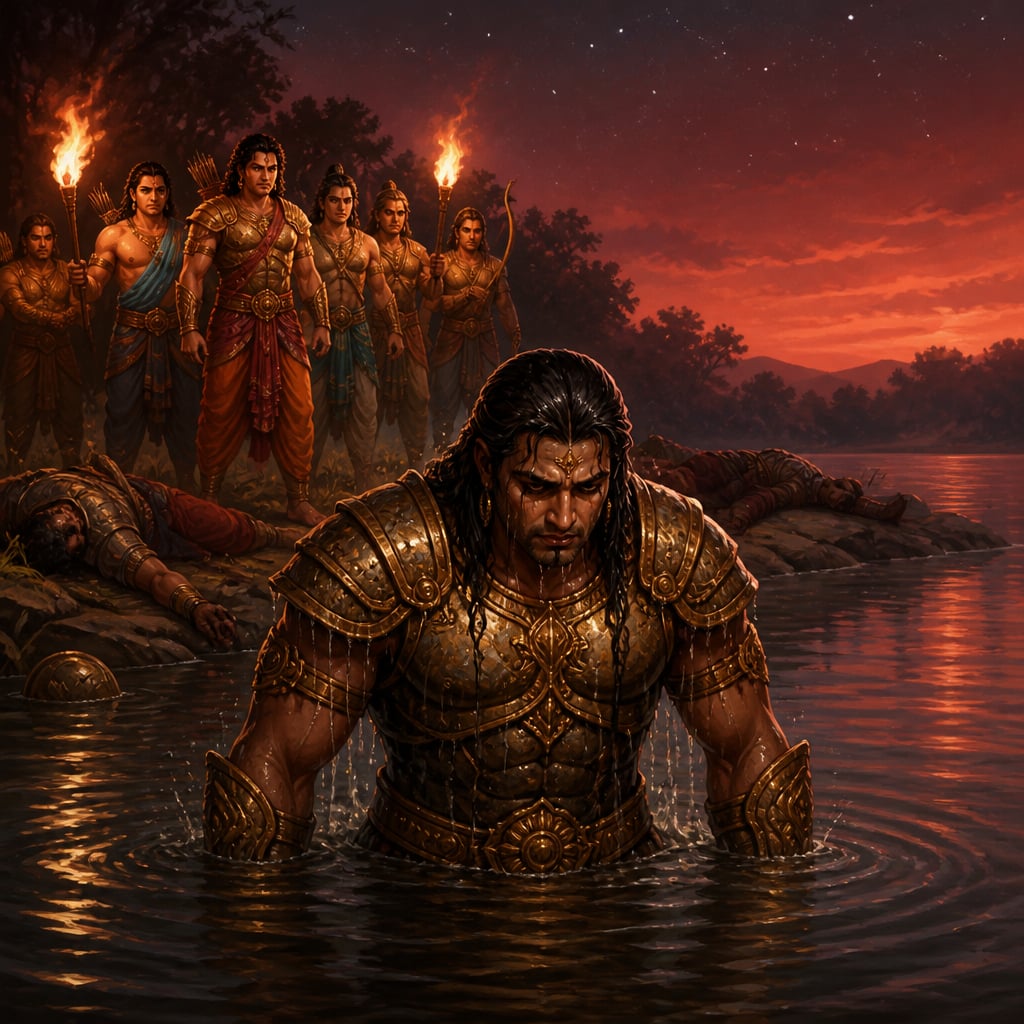 Duryodhana rises from the dark surface of Dvaipayana Lake at twilight, water streaming from his hair and shoulders as the Pandavas wait at the lake's edge with torches under emerging stars.