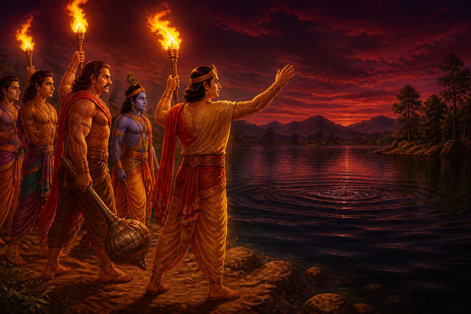 The Pandavas at the lake's edge call Duryodhana out