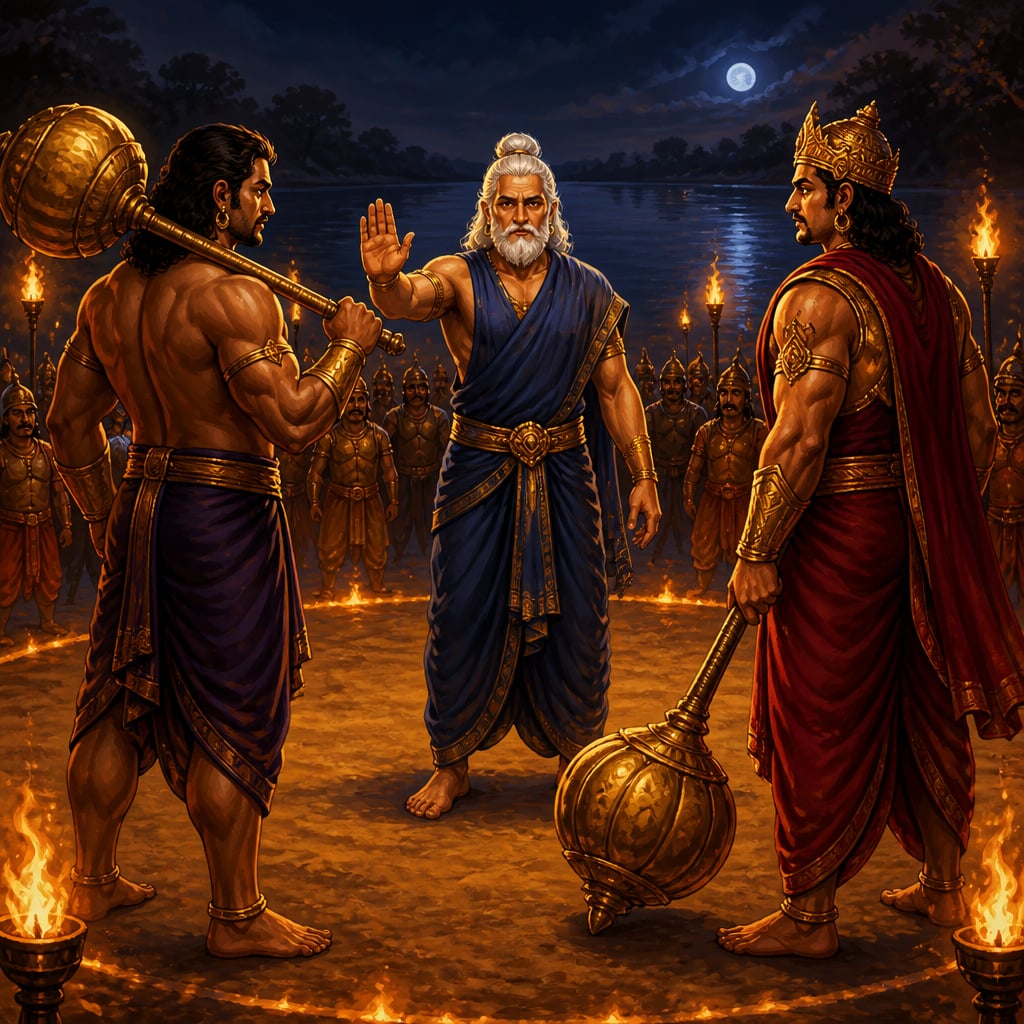 Balarama stands at the centre of the torchlit duelling circle at the lake's edge at night, his upraised hand reminding his two students Bhima and Duryodhana of the sacred rules of gada-yuddha as the watching armies form a quiet ring of flame.